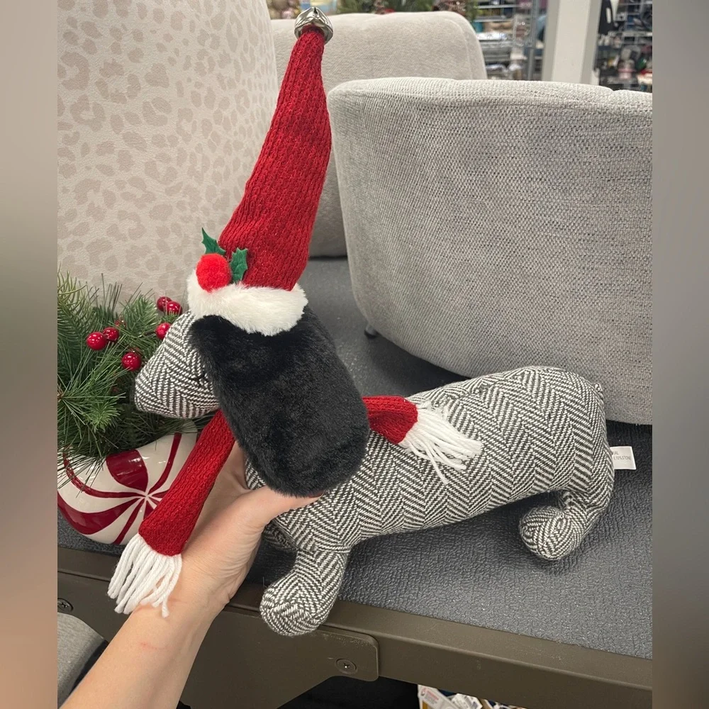 Christmas Dachshund Dog in Santa hat & Scarf Herringbone Plush Pillow NWT